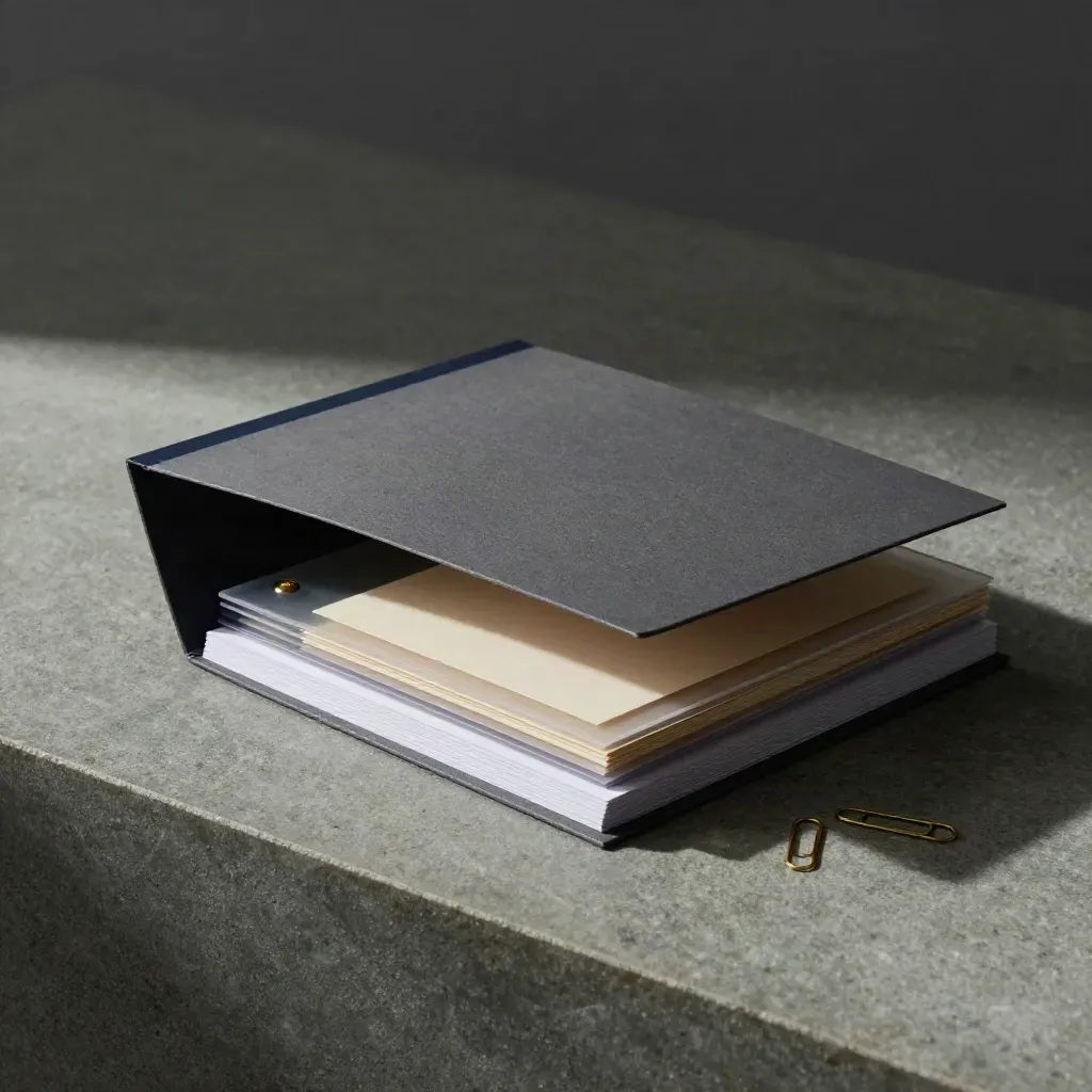 Matte graphite media folder stack with acetate separators and proof cards on rain-dark stone.