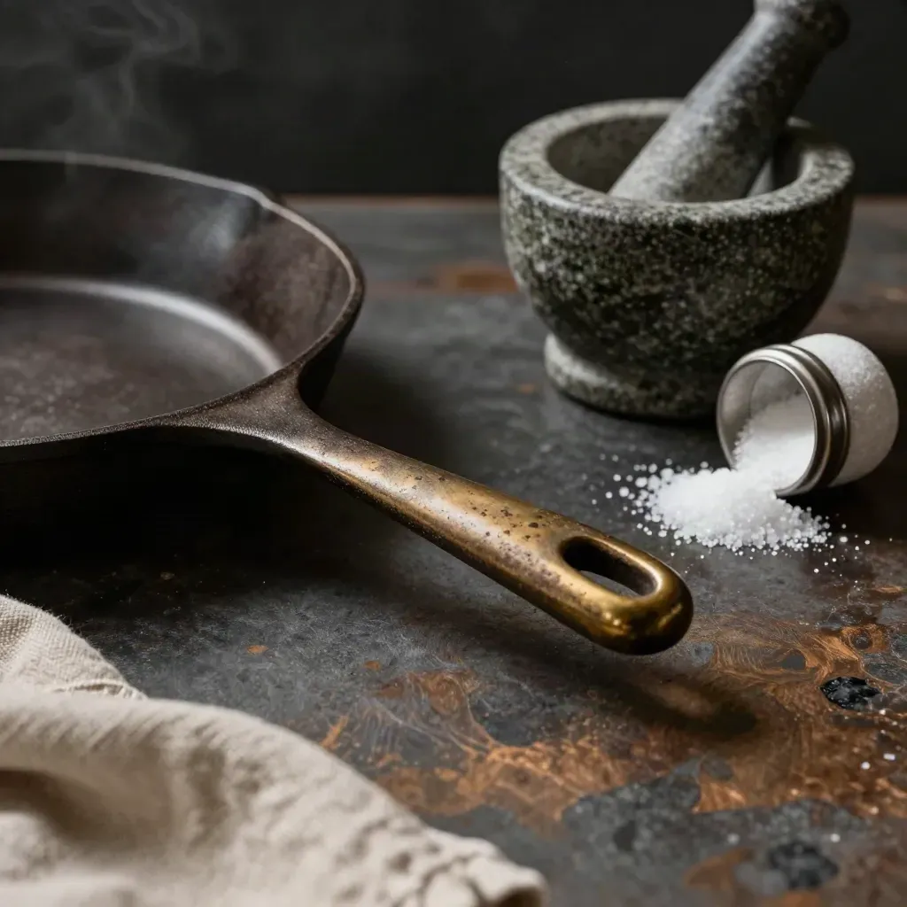 Cast-iron pan handle, linen napkin, mortar and pestle, and spilled salt on stone.