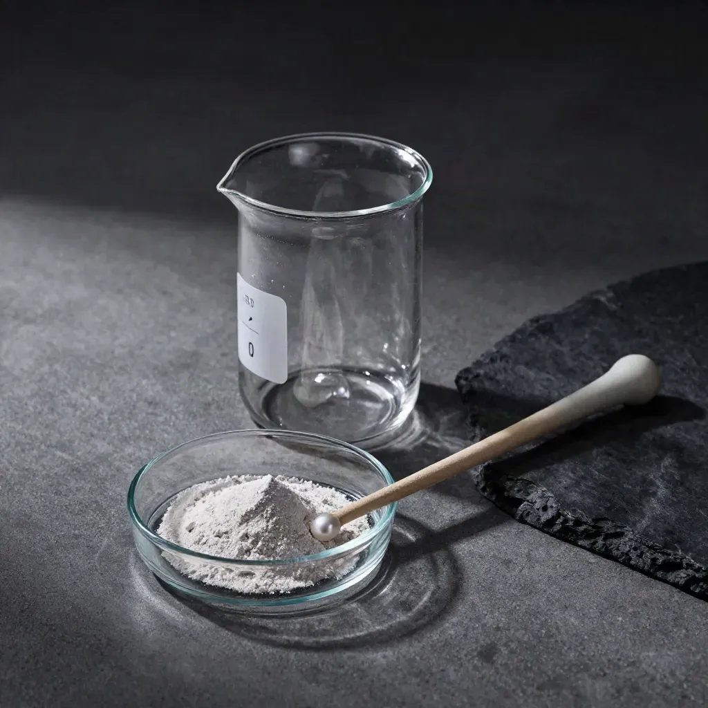 Lab beaker, glass dish, sample boat, and stir rod on a dark stone bench in moody blue light.