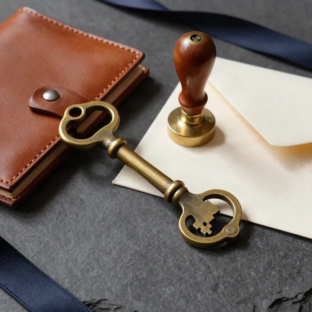 Brass vault key, wax seal stamp, leather clasp and cream envelope on dark stone.
