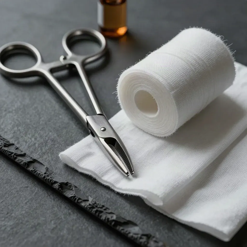 Surgical clamp, gauze roll, amber cap and sterile wrap on graphite stone in extreme macro