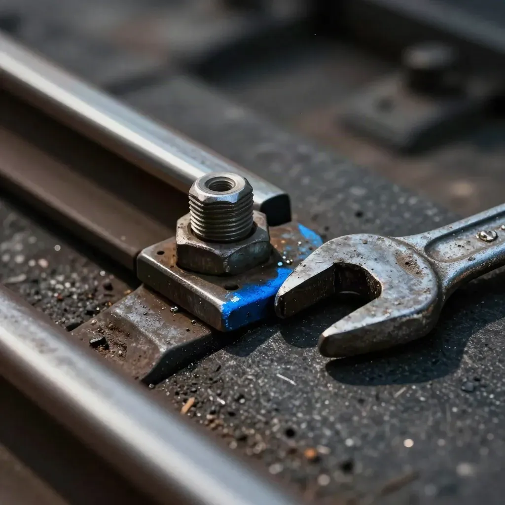 Macro rail splice plate, hex bolt, and weathered track wrench in dramatic side light.