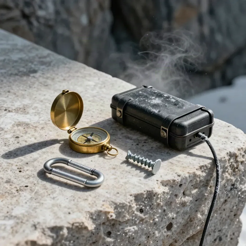 Alpine gear still life with compass, field case, carabiner and ice screw on travertine stone.
