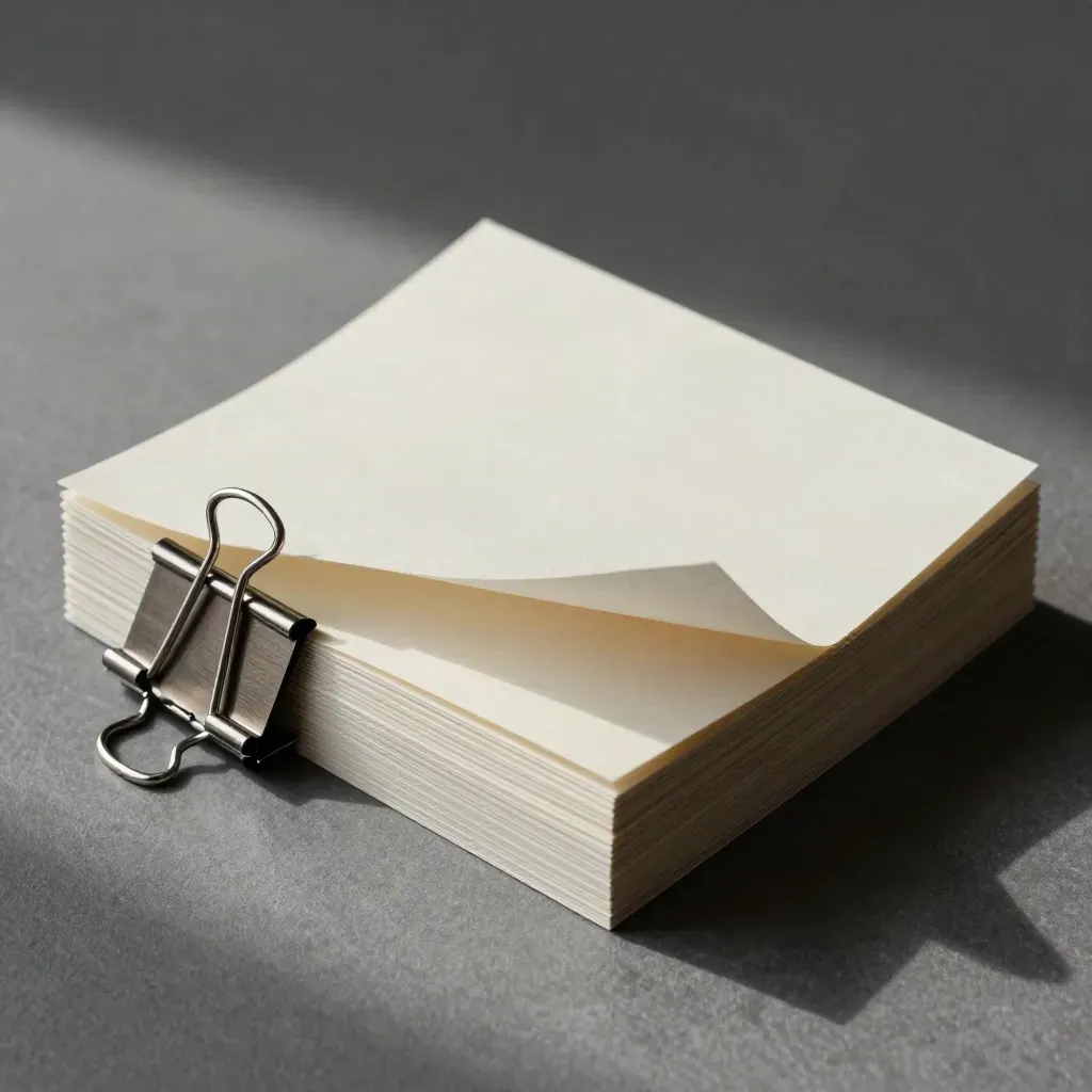 Blank proof cards, steel binder clip, and paperweight on a slate-gray surface.