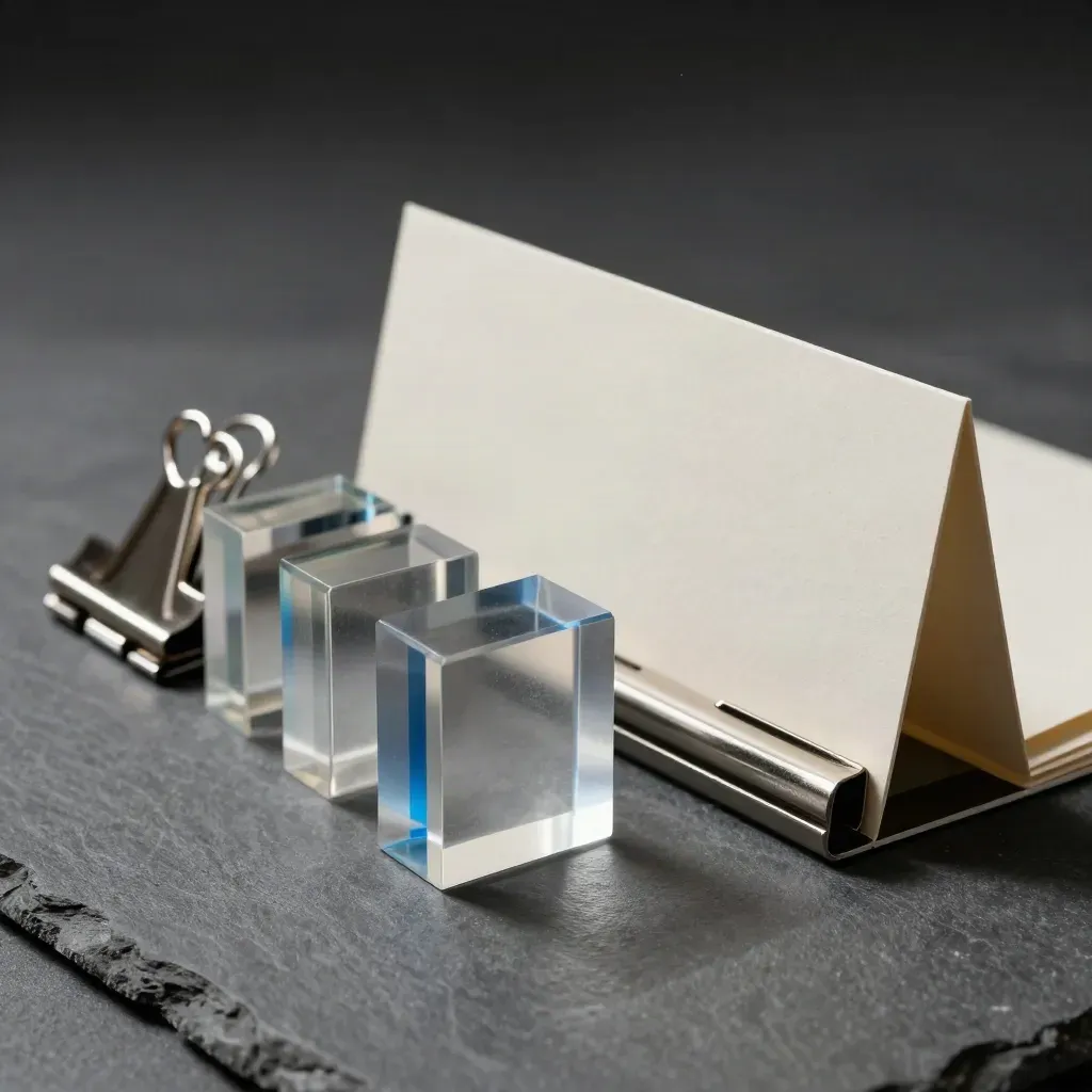 Dramatic still life of acrylic blocks, metal clips, and a routing sleeve on graphite stone.