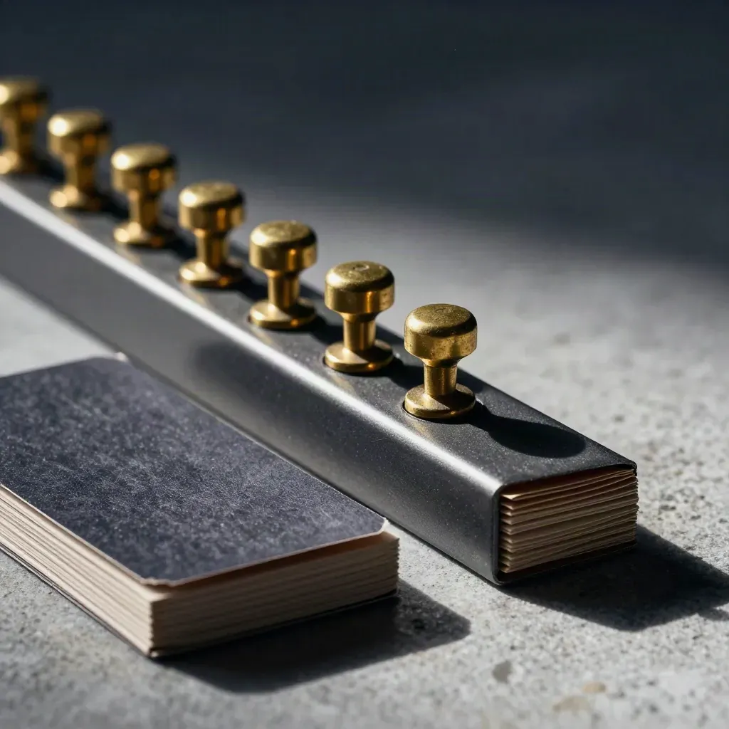 Brass toggles, dark tickets, and clipped tabs on a graphite surface