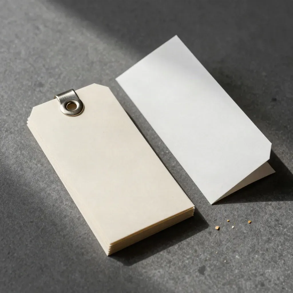 Courier tags and metal fasteners with a sealed sleeve on dark stone, seen from above.
