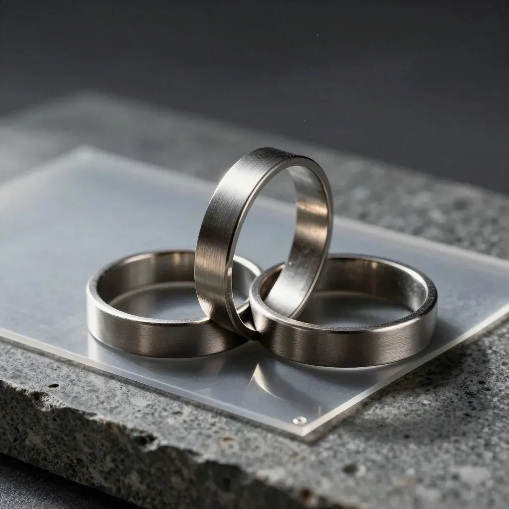 Interlocked metal rings, clip stack, and folded acetate sheet on a dark limestone slab
