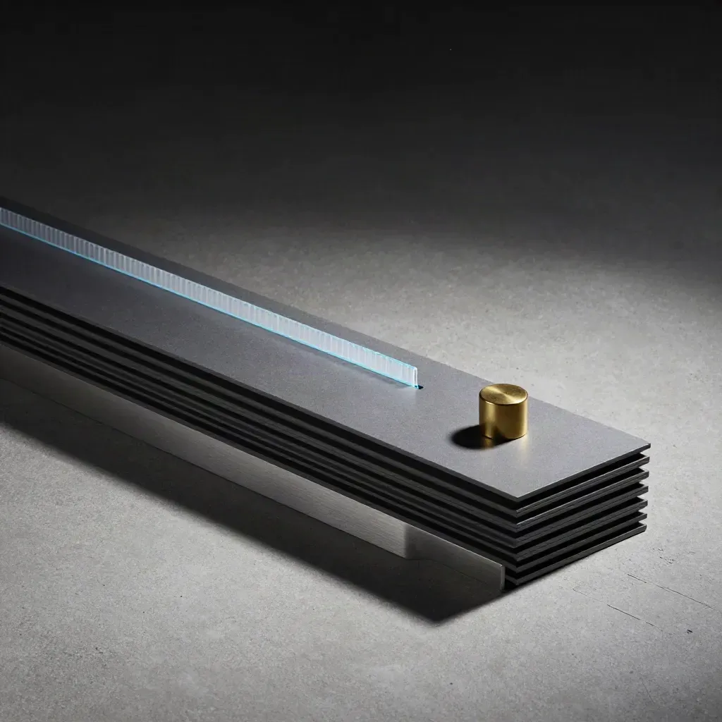 Graphite modular counters, translucent tabs, and a brass paperweight on concrete