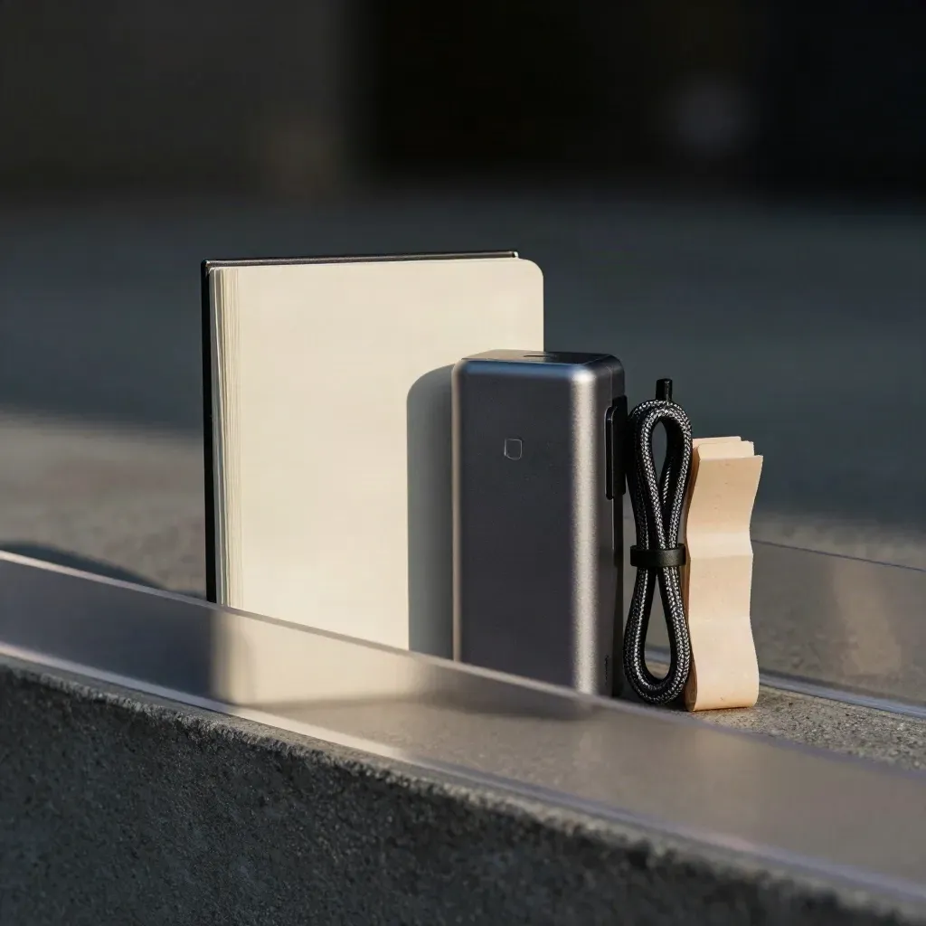Macro kit of notebook, charger, cable tie and adhesive tabs behind translucent acrylic.