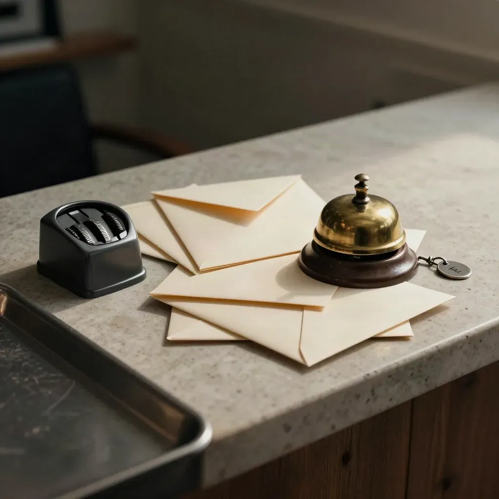 Donation envelopes, tally counter, service bell and key tag on a charity counter in dramatic light.