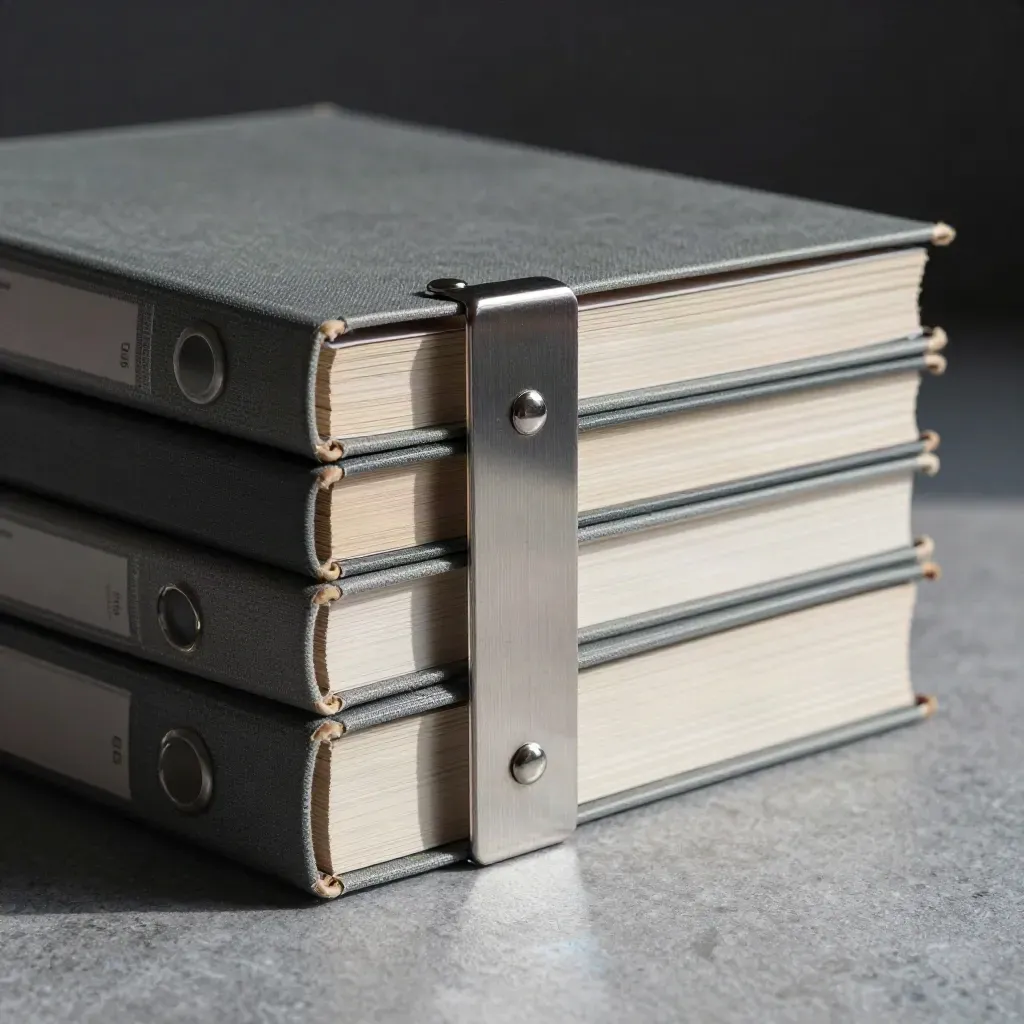 Stacked field binders and metal divider on stone, lit hard from one side