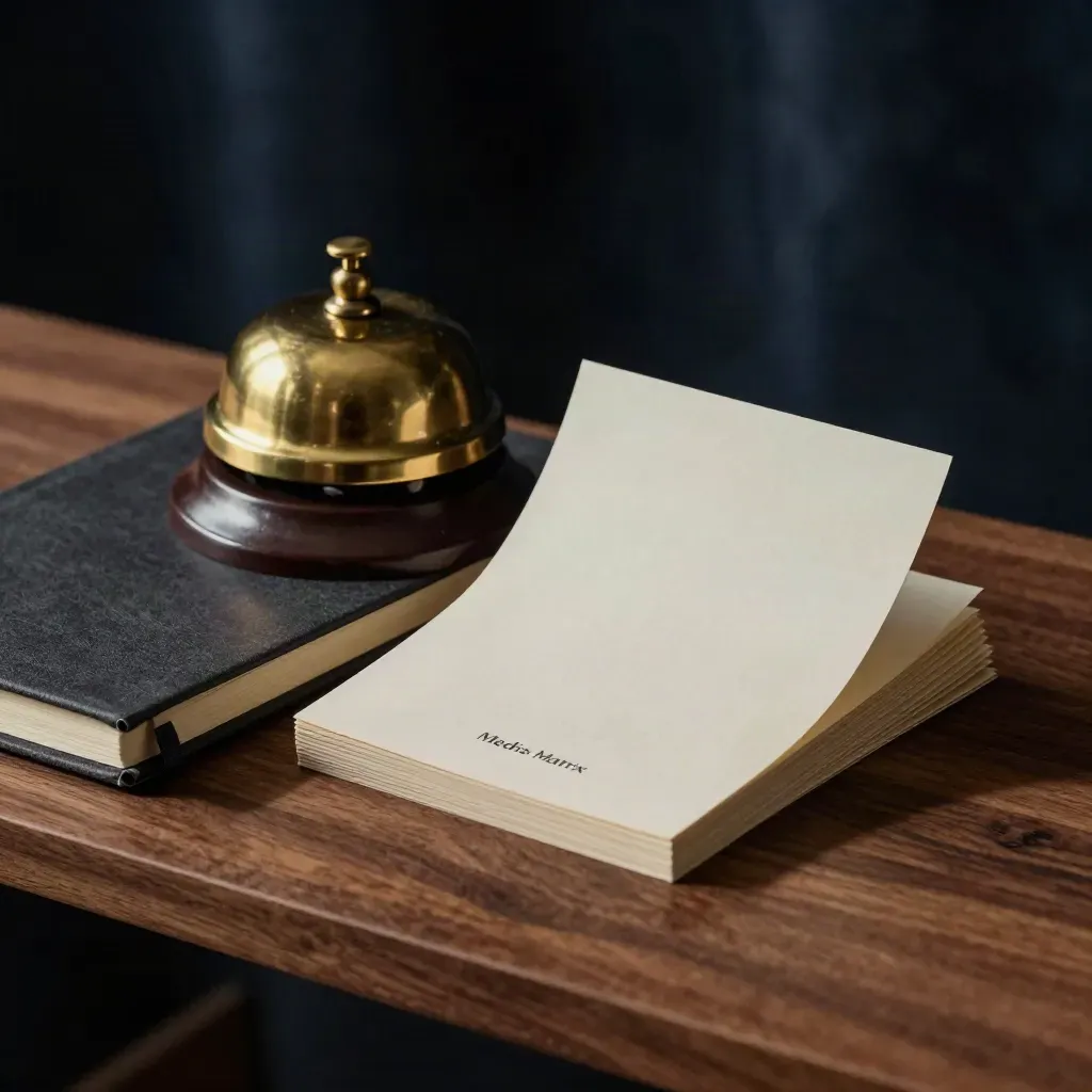 Brass bell, closed notebook, and face-down proof cards on warm walnut.