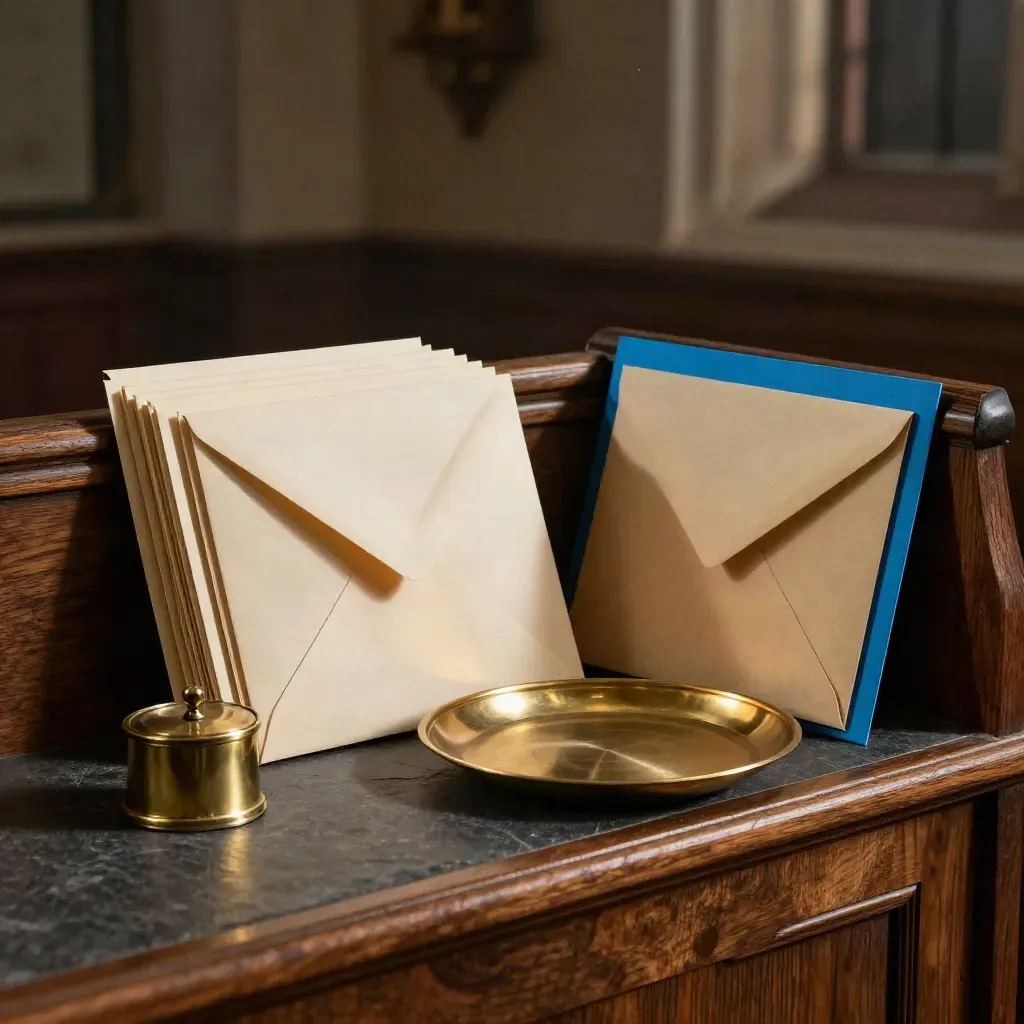 Donation envelopes, brass tally counter, offering plate, and board packet on a dark walnut shelf.