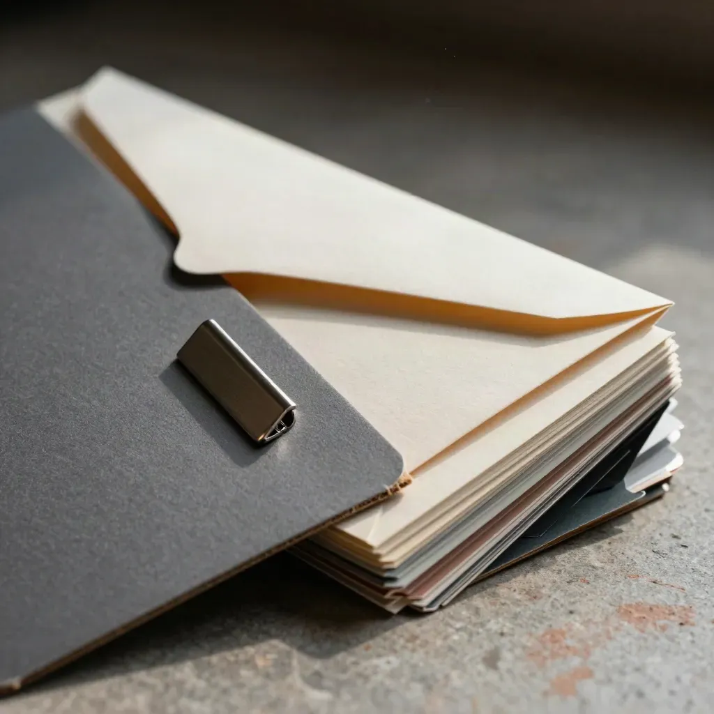 Macro of a launch sleeve, sealed envelope, clip rail and downturned swatch cards on stone.