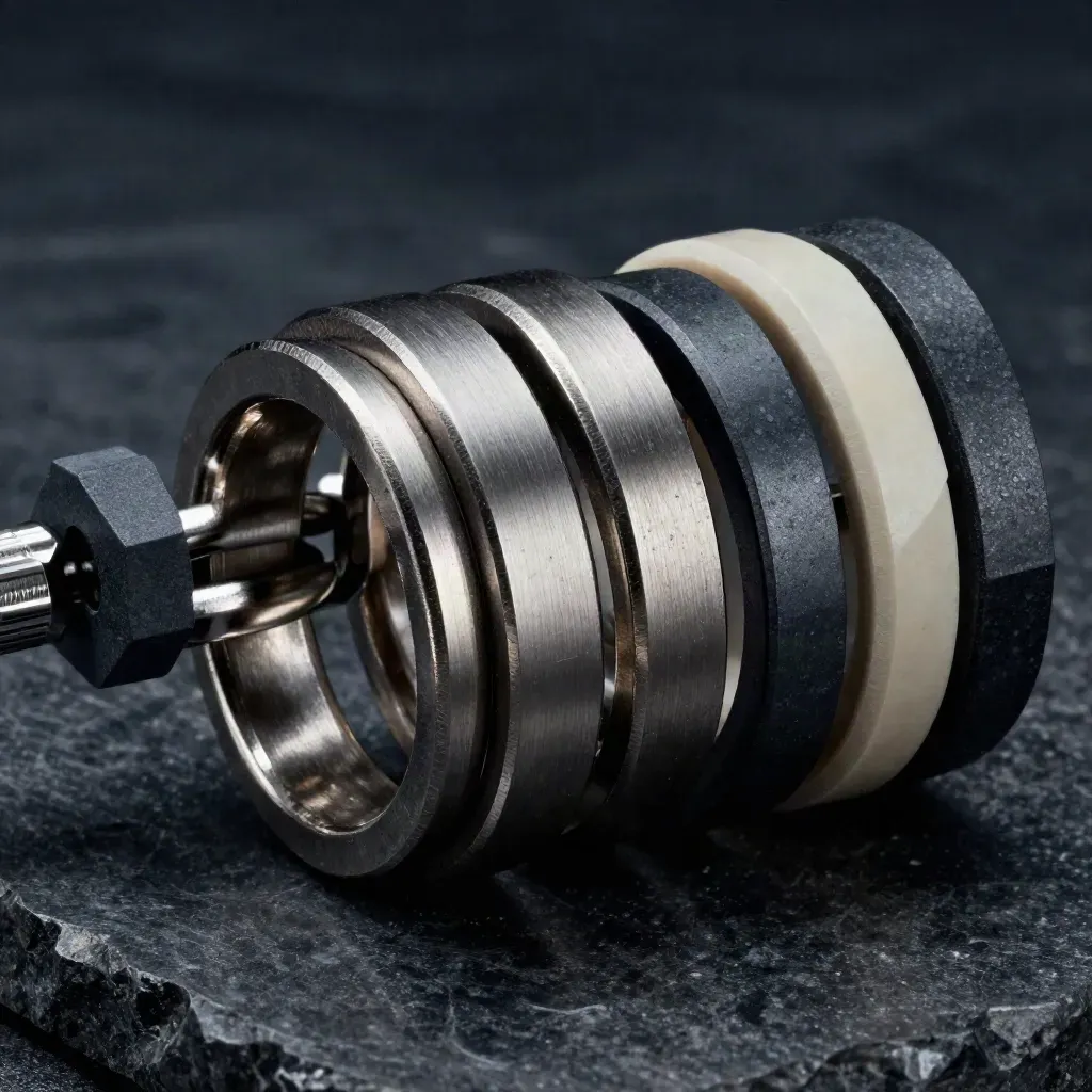 Top-down macro of interlocking metal rings, connector pins, and a graphite spacer on dark stone.