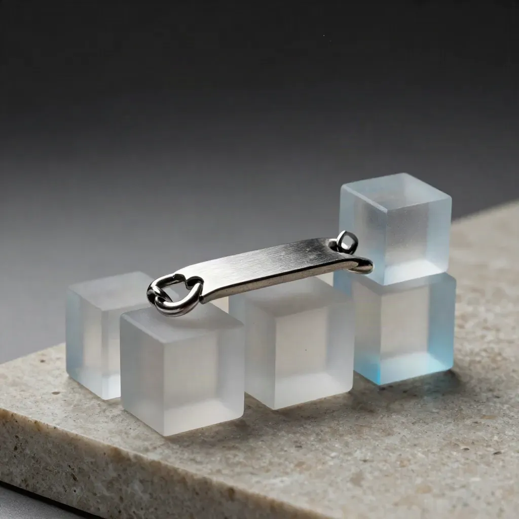Frosted acrylic cubes linked by metal loops and an aluminum bridge on stone.