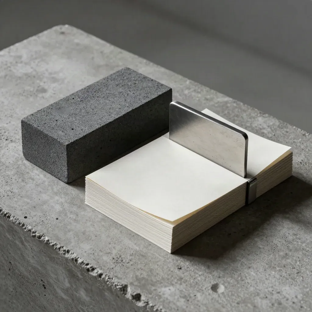 Graphite blocks, blank paper stack, and metal corner brace on concrete stone