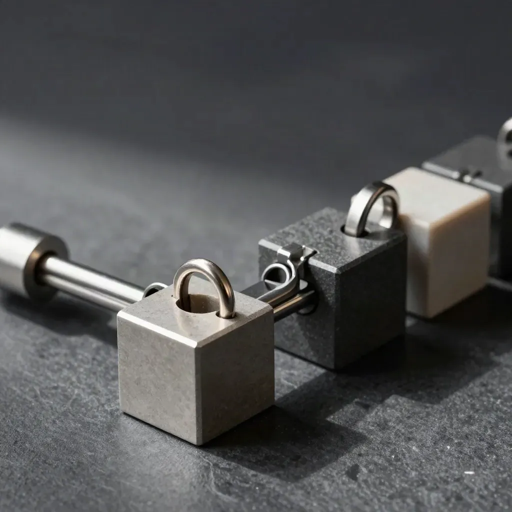 Modular blocks and metal rings linked on a graphite rail under soft side light.